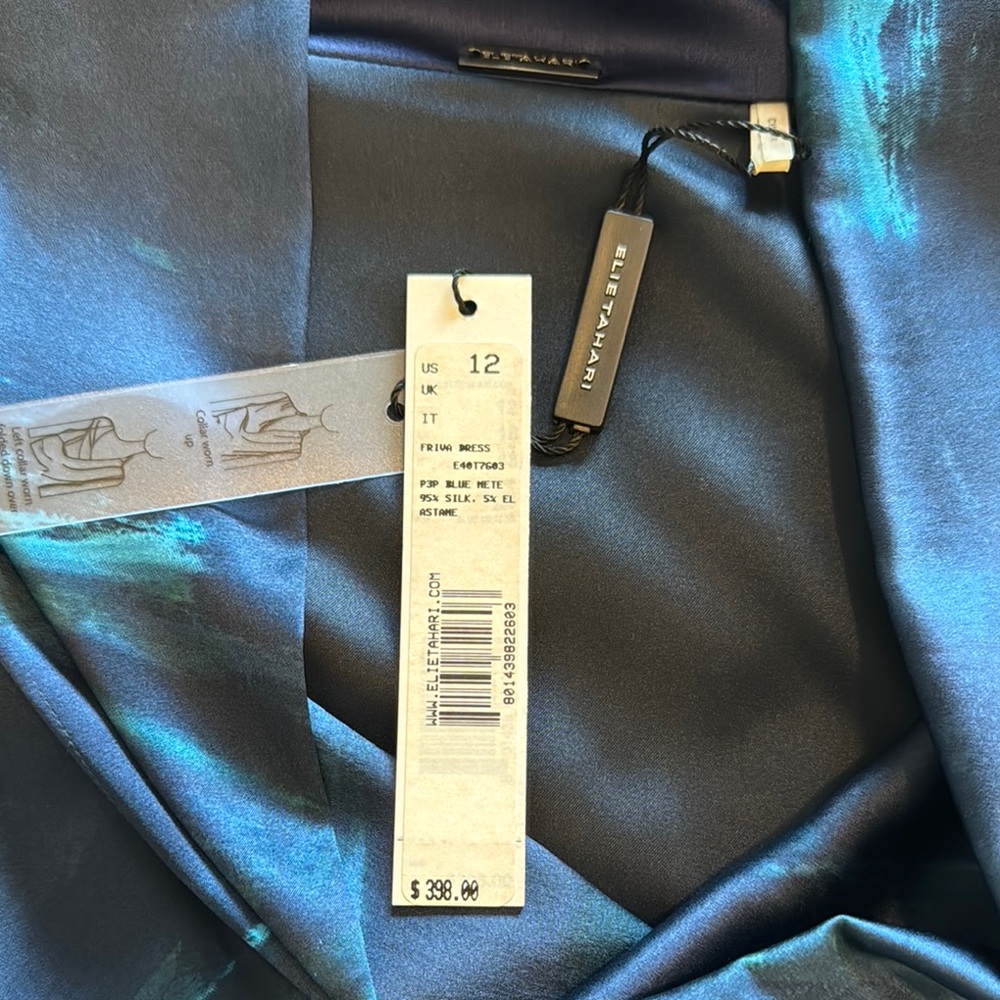 NWT Elie Tahari Elegant Blue and Teal Silk Wrap Style Dress size 12 - Picture 7 of 12